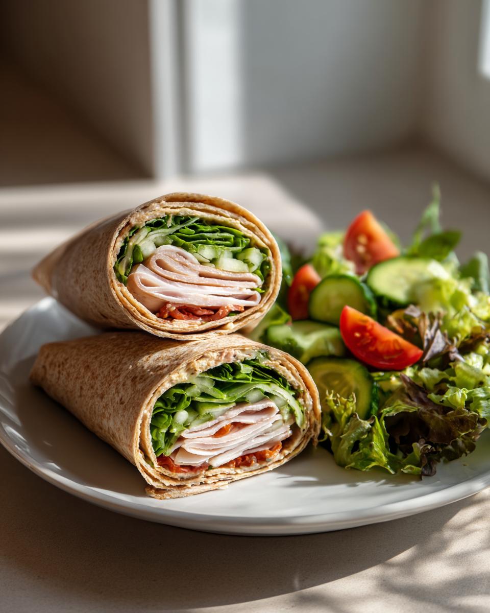 Turkey wrap with lettuce and tomato served with fresh cucumber and tomato salad on a white plate