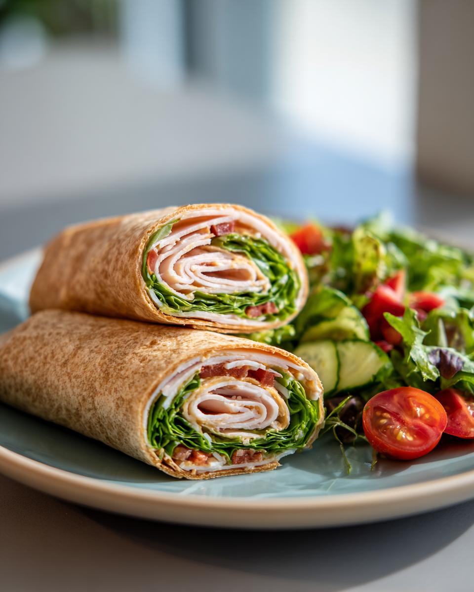 Turkey wrap with lettuce and tomato served with fresh mixed salad on a plate, an easy cold lunch idea.