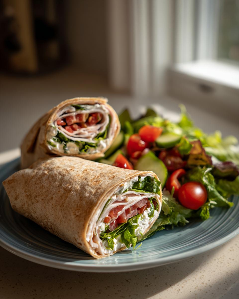 Turkey wrap filled with lettuce, tomato, and cream cheese served with fresh salad on a plate.
