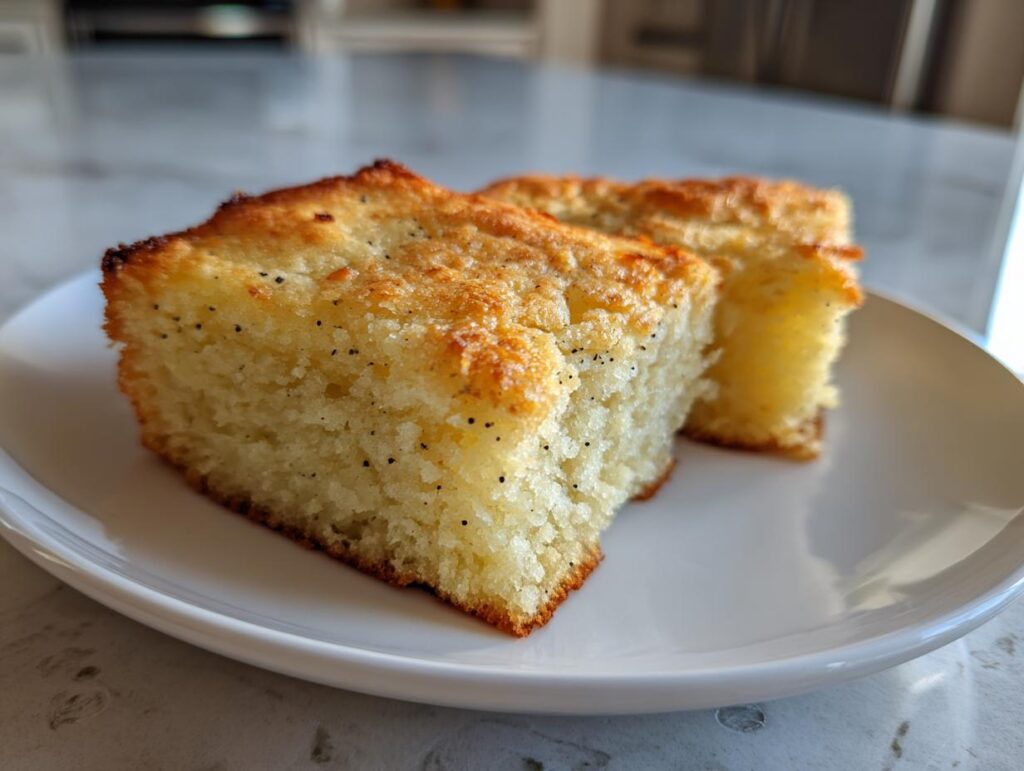 Two golden vanilla bean dessert bars with visible vanilla specks on a white plate.