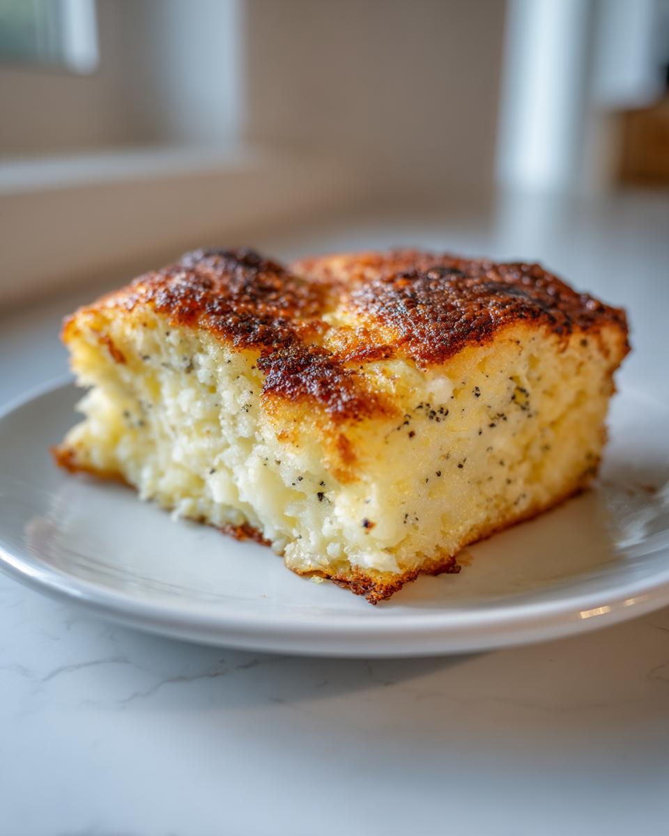 A close-up slice of vanilla bean dessert bars with a golden crust and visible vanilla specks on a white plate.