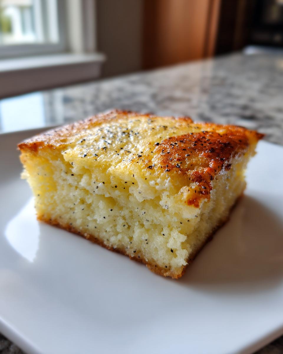A close-up slice of moist vanilla bean dessert bars with visible vanilla seeds on a white plate.