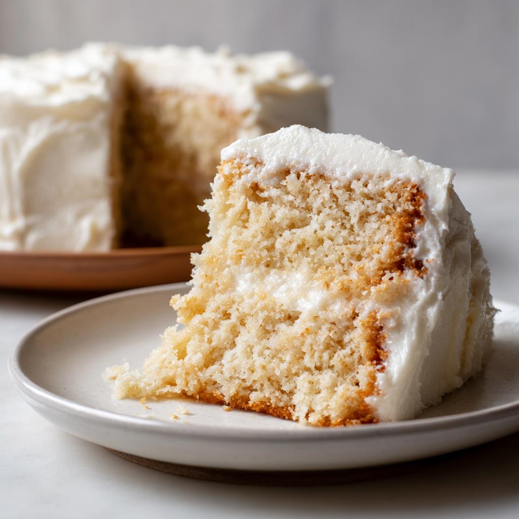 Close-up of a slice of moist vanilla cake with white frosting on a plate