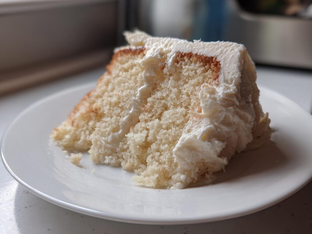Close-up of a slice of vanilla cake with white frosting on a white plate.