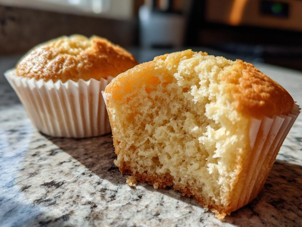 Two vanilla cupcakes on a granite countertop, one with a bite taken out, showcasing soft texture