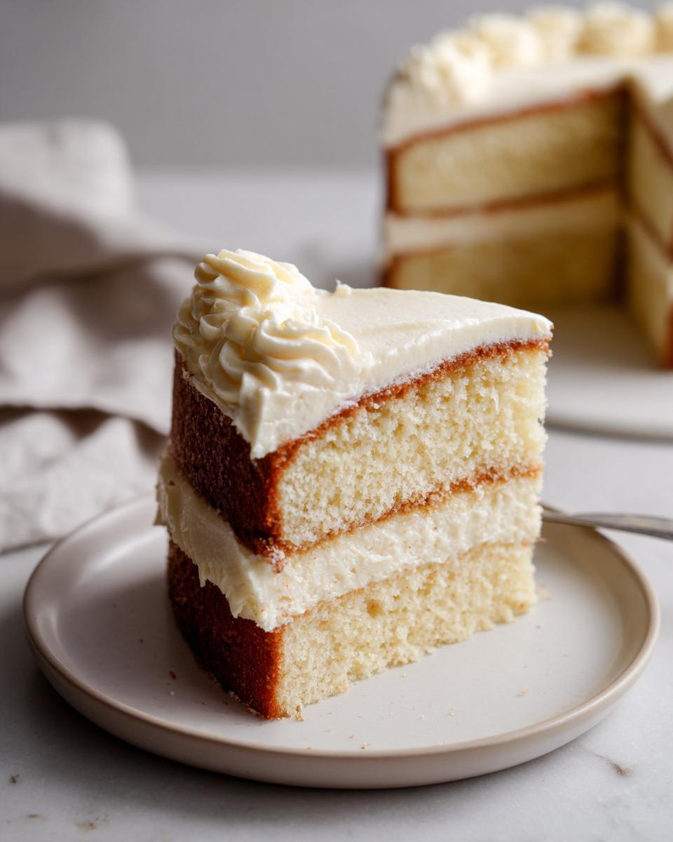 Slice of vanilla layer cake with creamy white frosting on a plate, part of April holiday sweet recipes