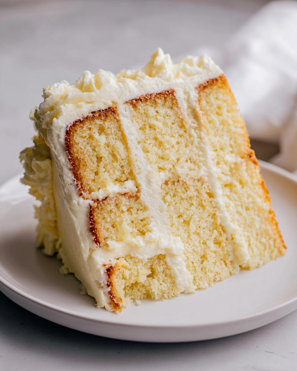 Close-up of a slice of vanilla layer cake with creamy buttercream frosting on a white plate