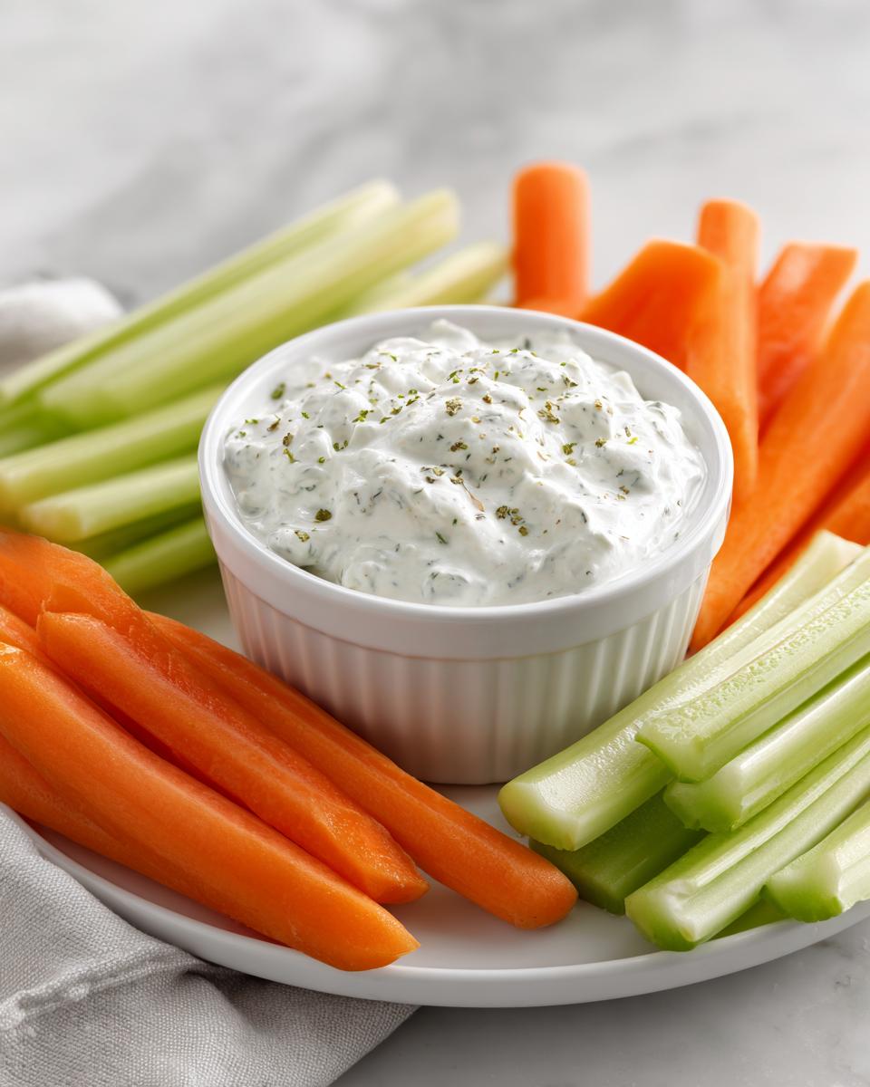 Plate of carrot and celery sticks with a bowl of creamy herb dip for April party snack ideas