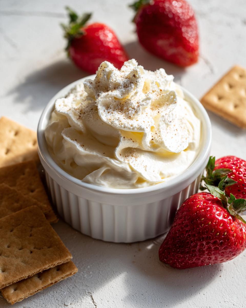 Whipped cream dessert dip in white ramekin with strawberries and graham crackers nearby