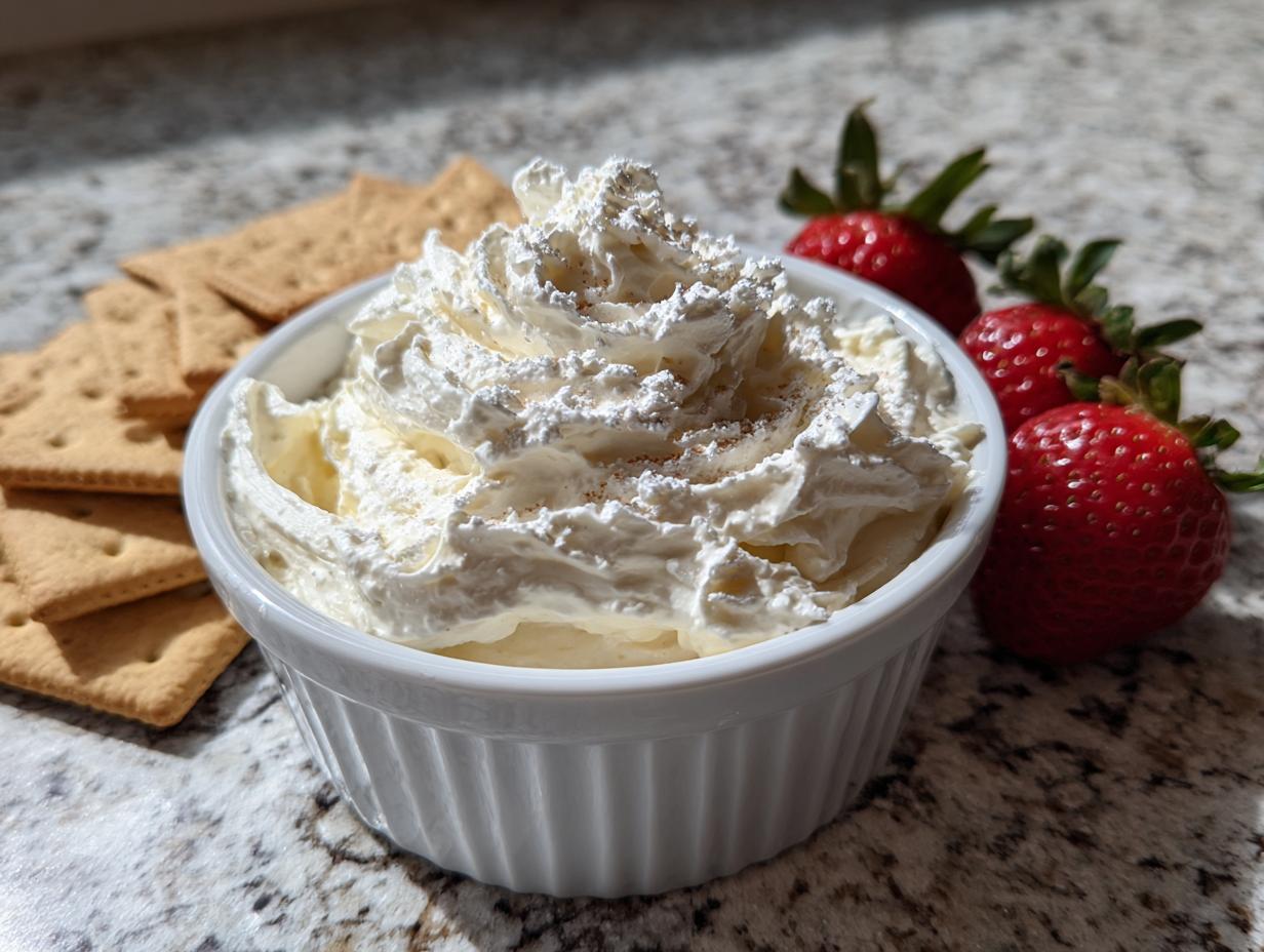 White ramekin filled with whipped cream dessert dip, garnished with powdered sugar, with strawberries and graham crackers on the side.