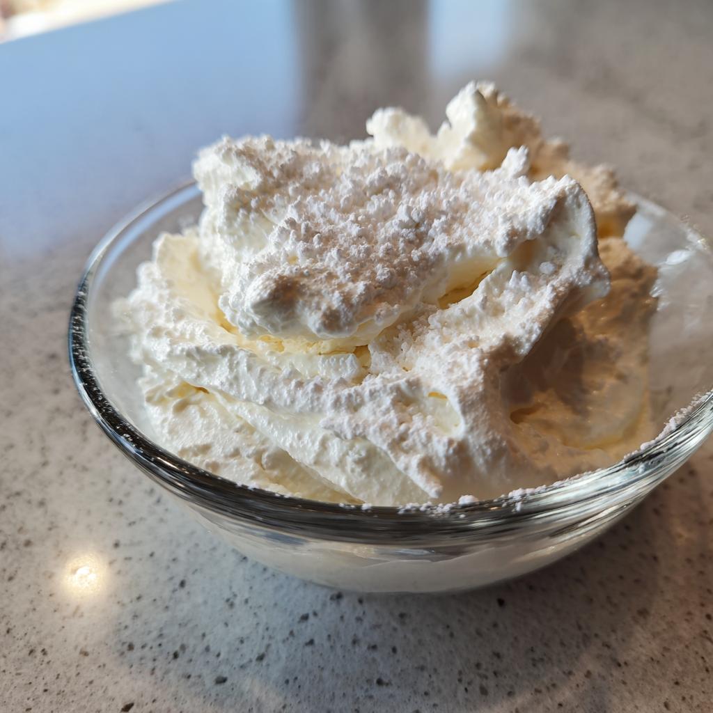 Glass bowl filled with whipped cream dusted with powdered sugar for white chocolate dessert recipes