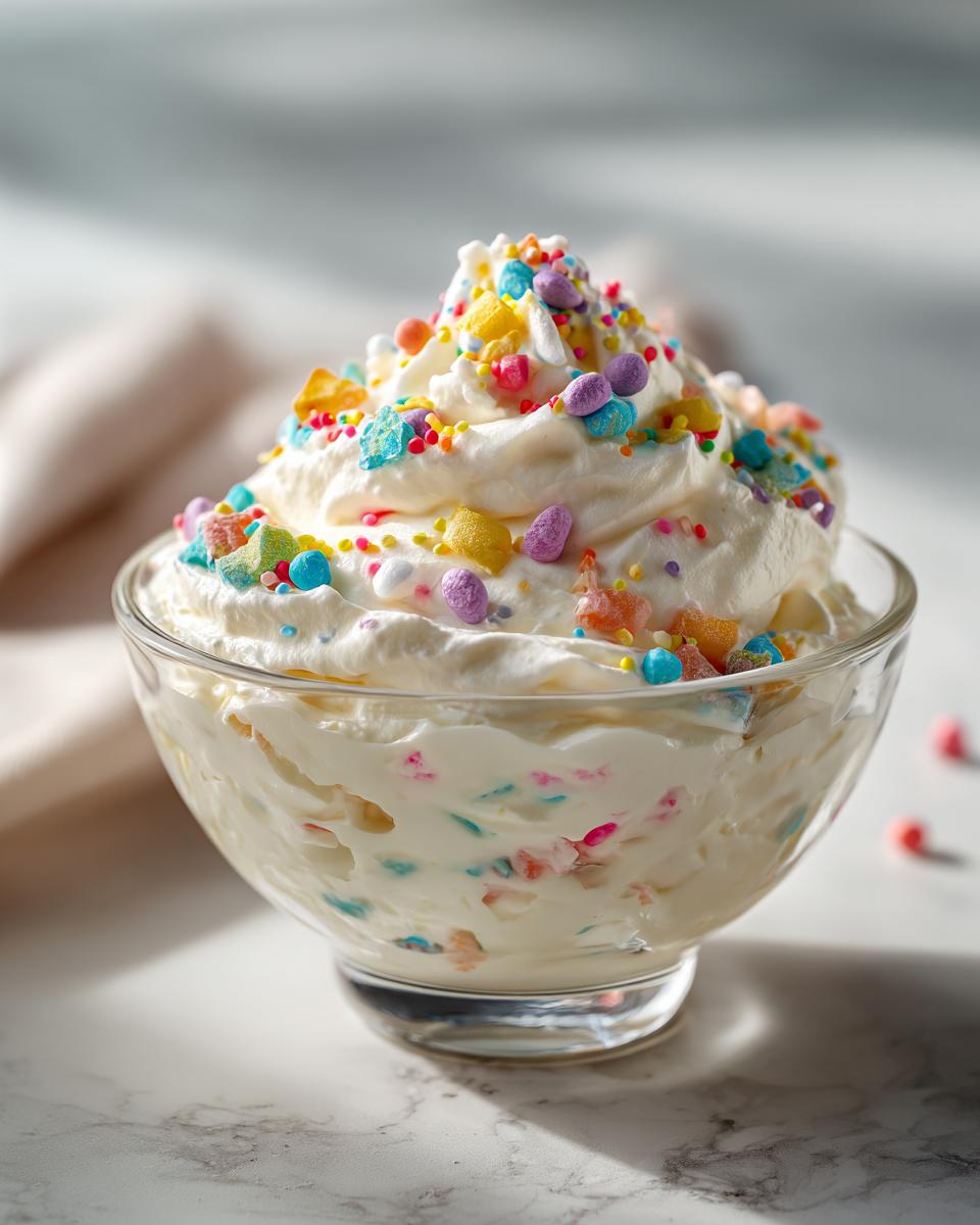 Glass bowl filled with whipped Easter candy dessert topped with colorful candy sprinkles.