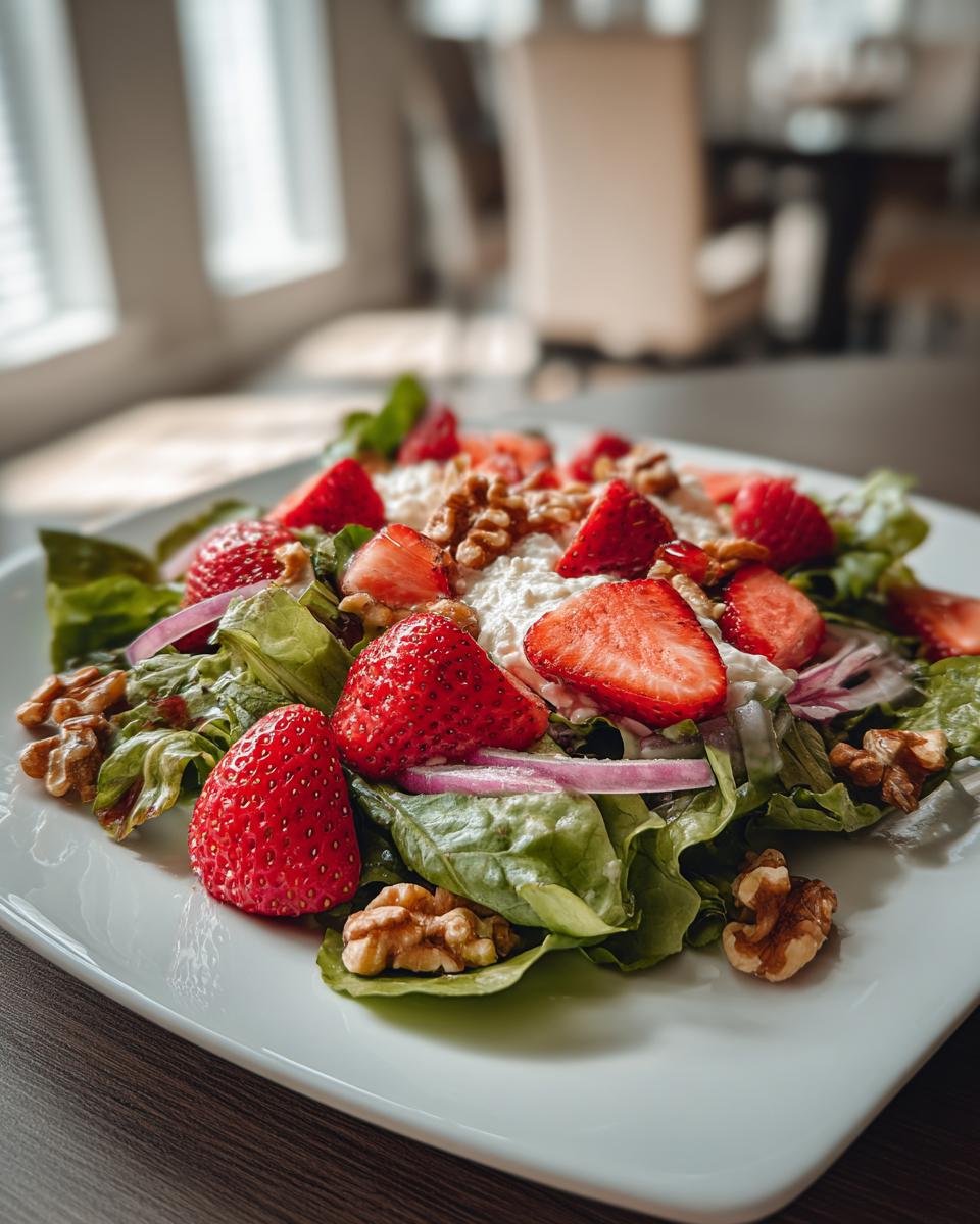 Whipped feta strawberry salad with fresh strawberries, walnuts, greens, and red onion slices.