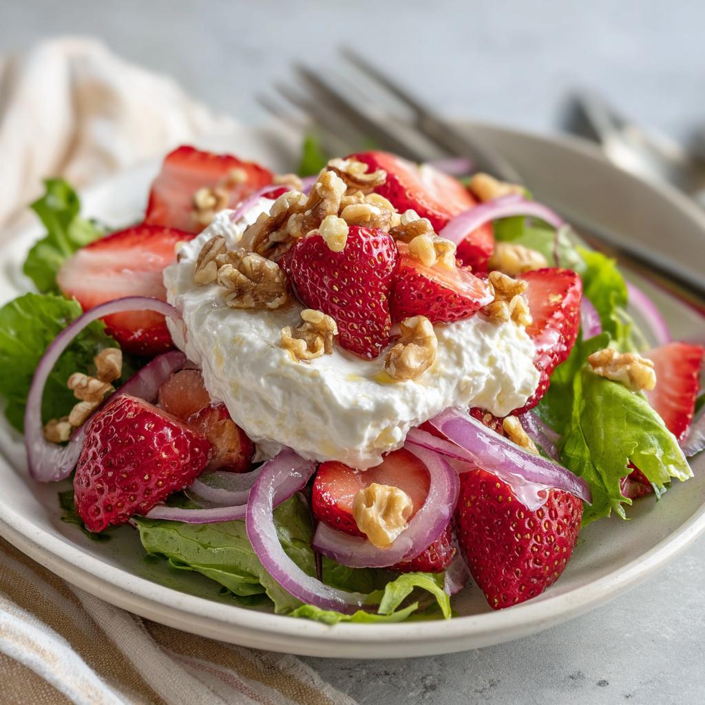 Whipped feta strawberry salad with fresh strawberries, walnuts, red onion, and greens on a plate.