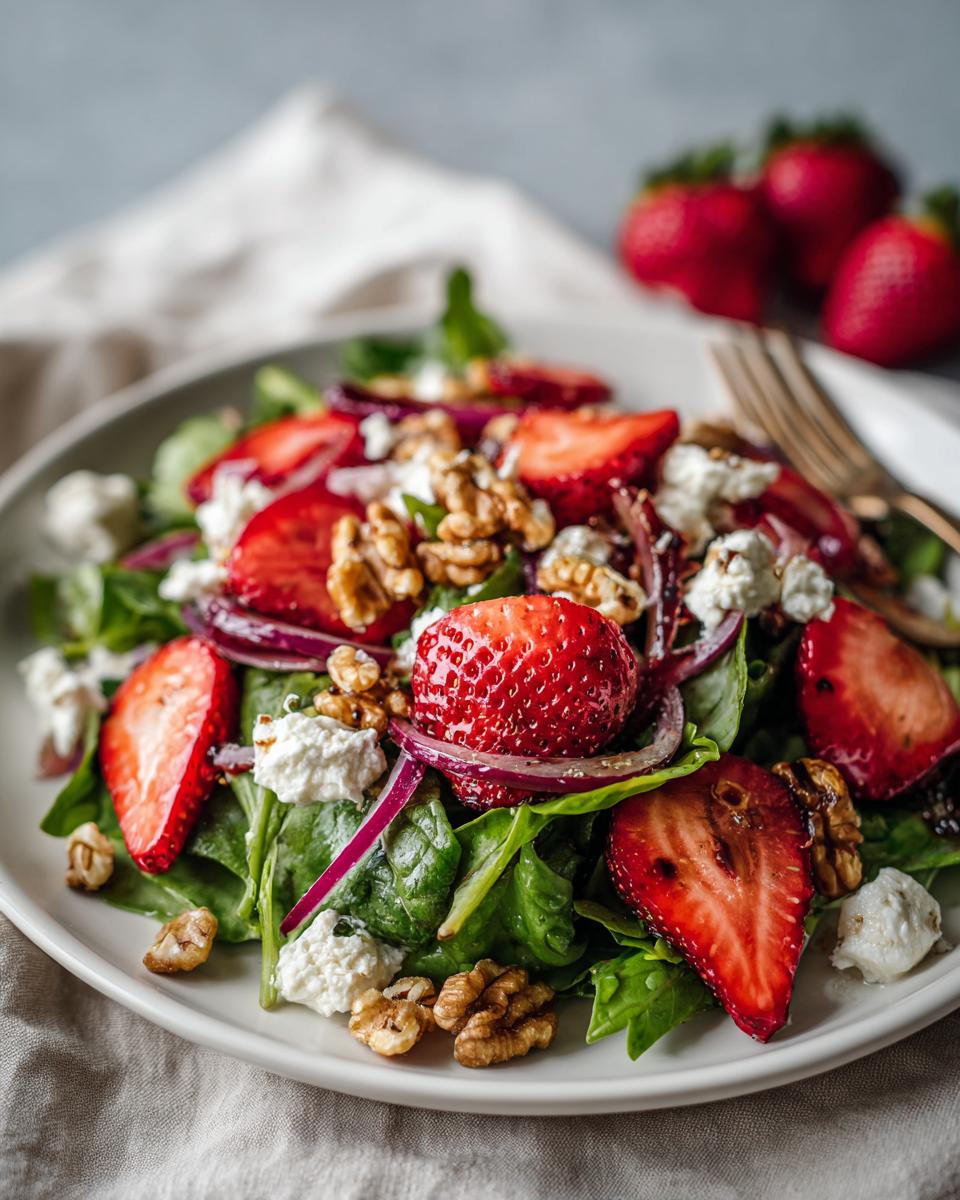 Whipped feta strawberry salad with spinach, walnuts, and red onions on a white plate.