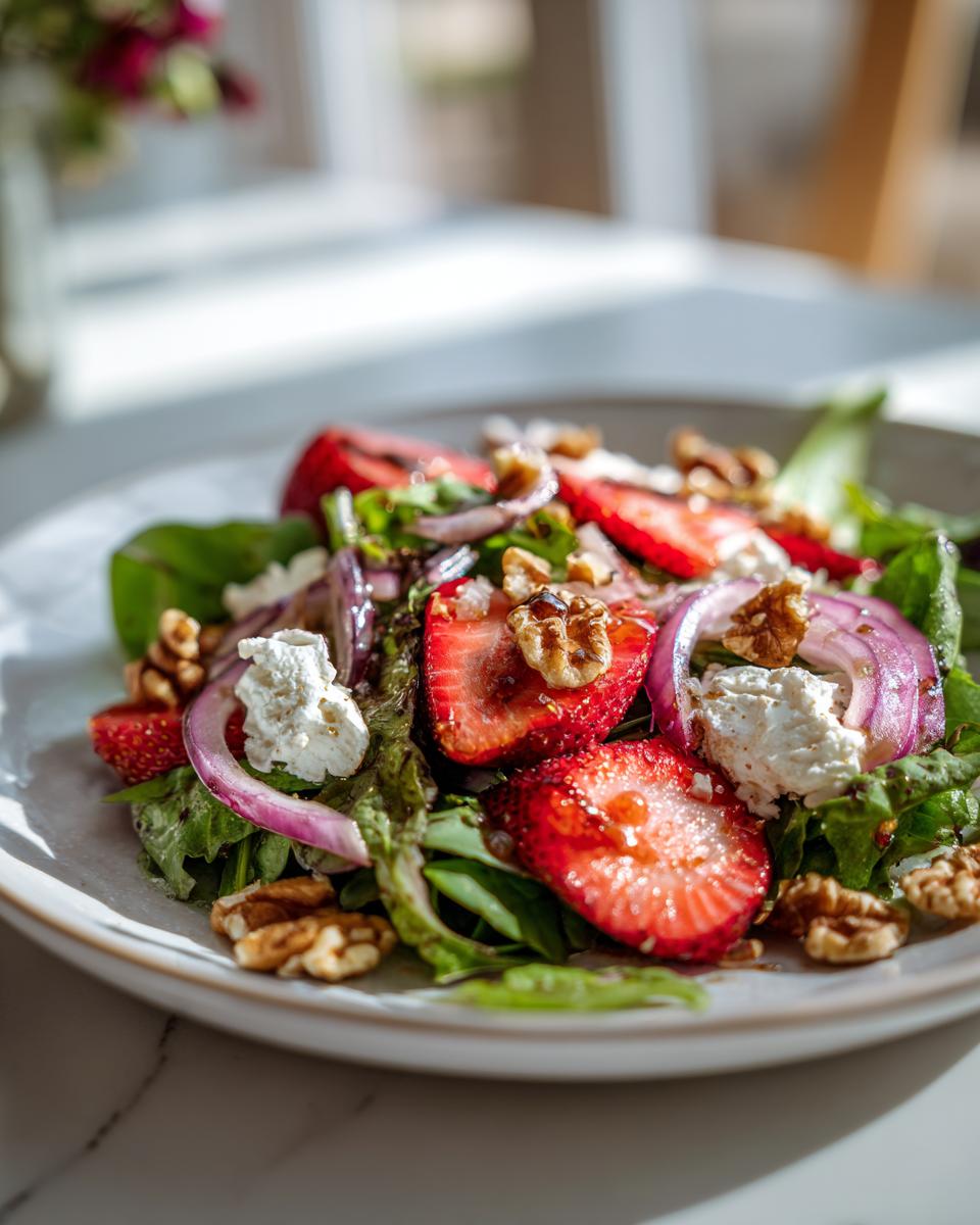 Whipped feta strawberry salad with spinach, walnuts, and red onions on a white plate.