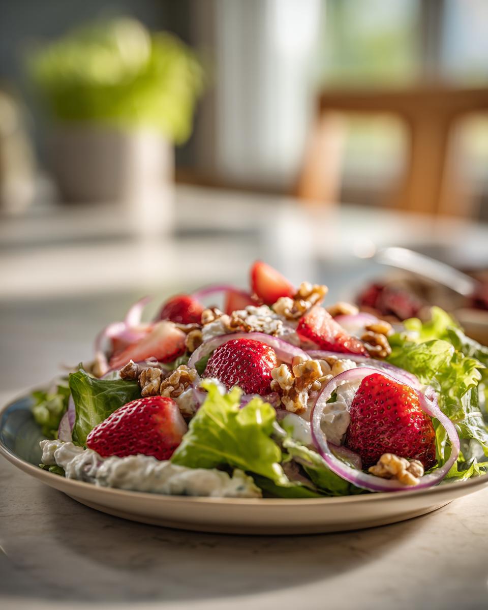 Whipped feta strawberry salad with fresh strawberries, walnuts, red onion, and lettuce on a plate.