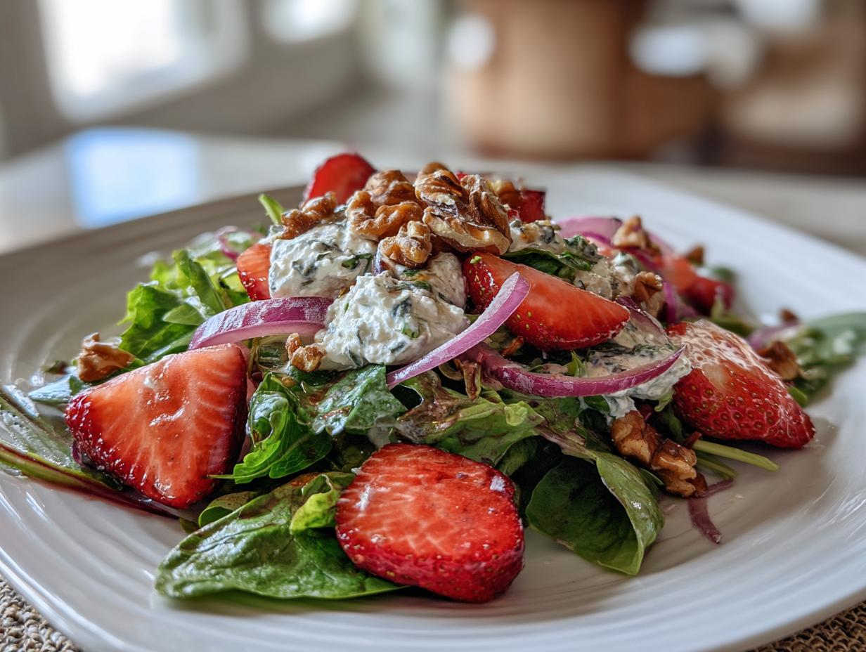 Whipped feta strawberry salad with fresh spinach, red onion slices, and walnuts on a white plate.