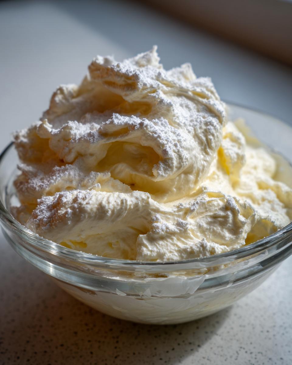 Close-up of whipped white chocolate dessert cream dusted with powdered sugar in a glass bowl.