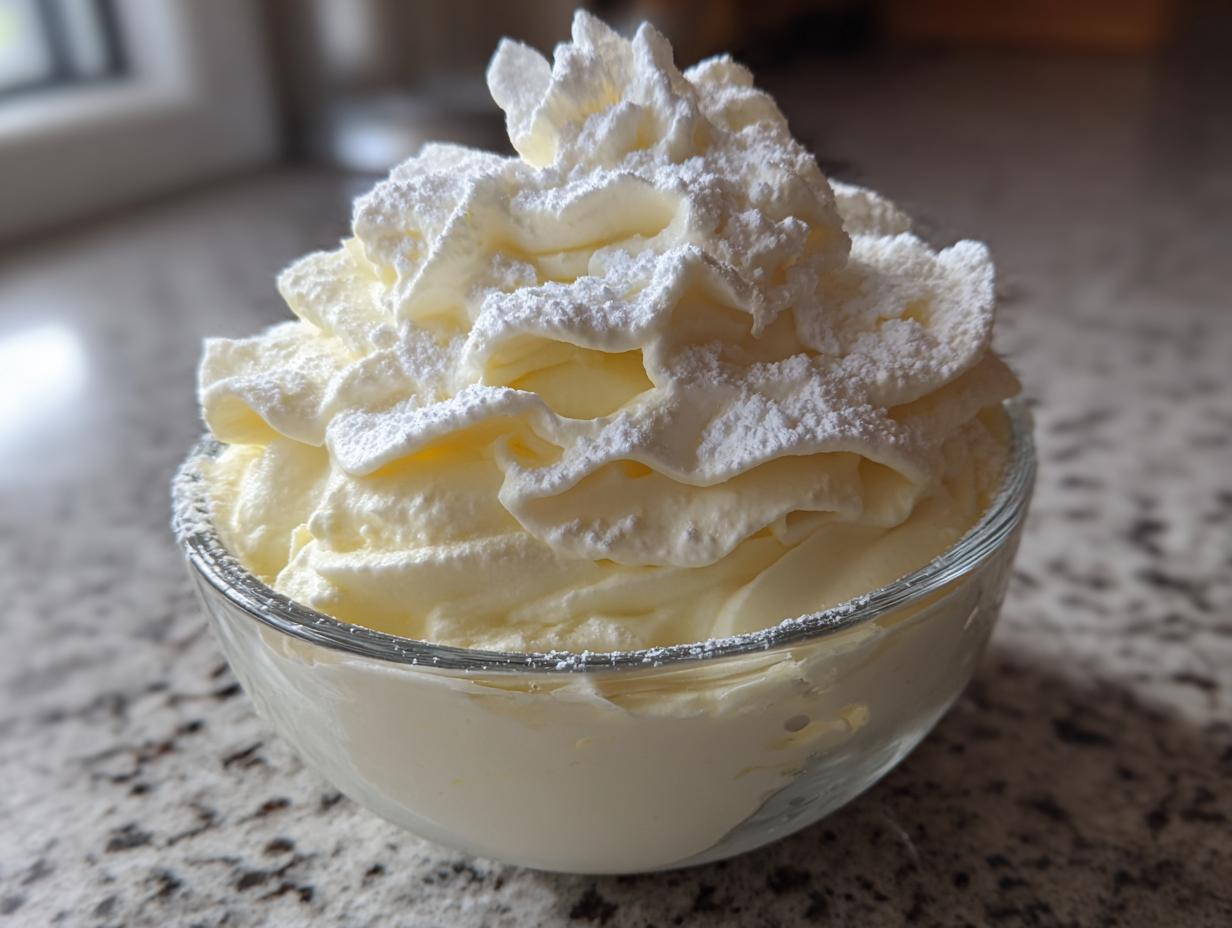 Glass bowl filled with whipped white chocolate dessert topped with powdered sugar