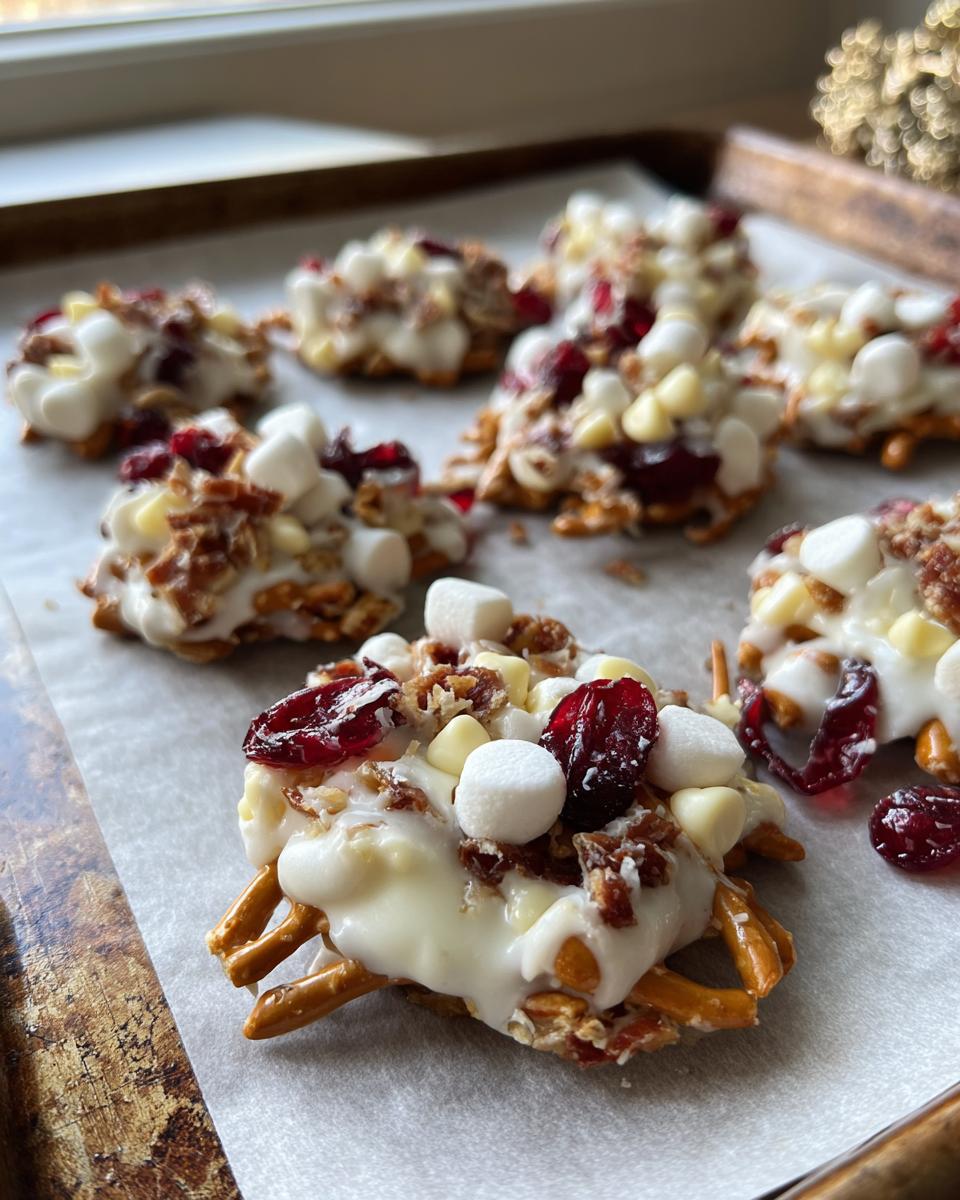 Close-up of white chocolate cookie clusters with pretzels, marshmallows, and dried cranberries on parchment paper.