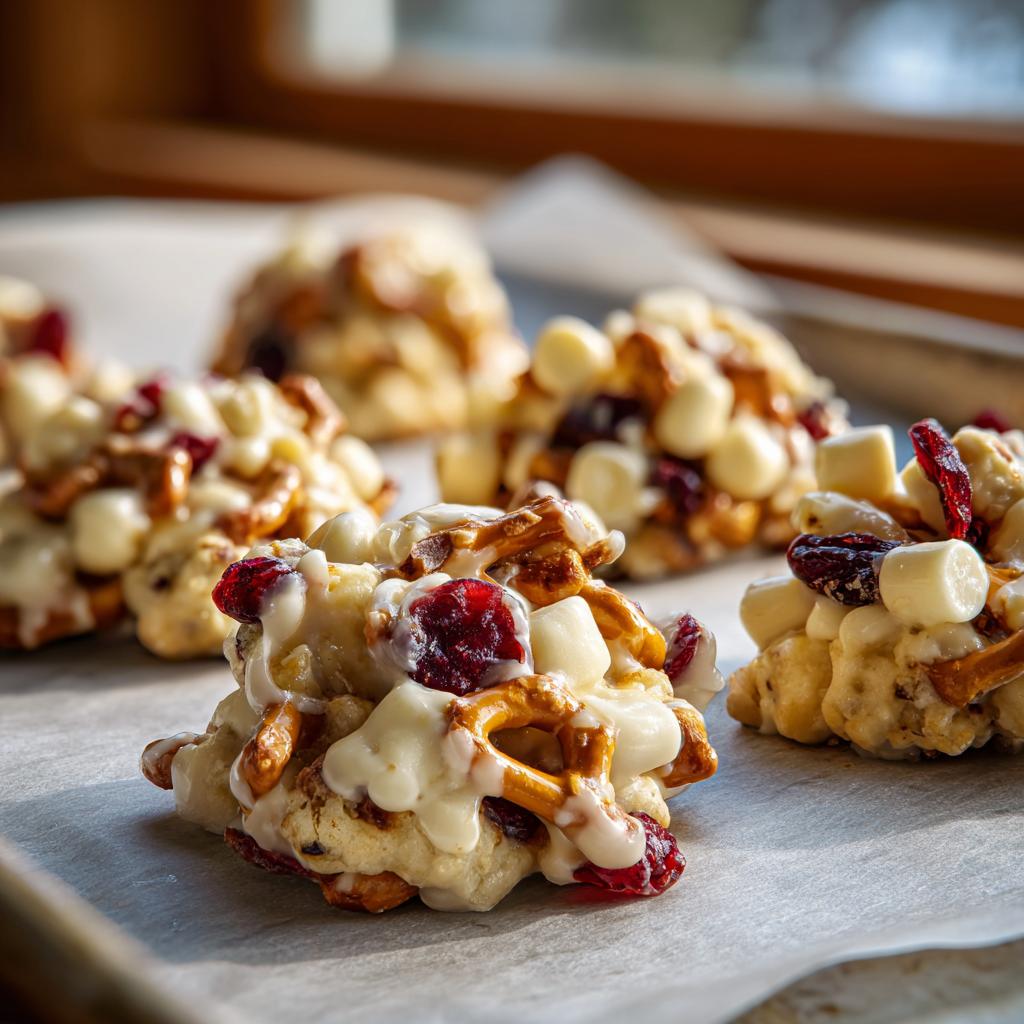 White chocolate cookie clusters with pretzels, cranberries, and marshmallows on parchment paper.