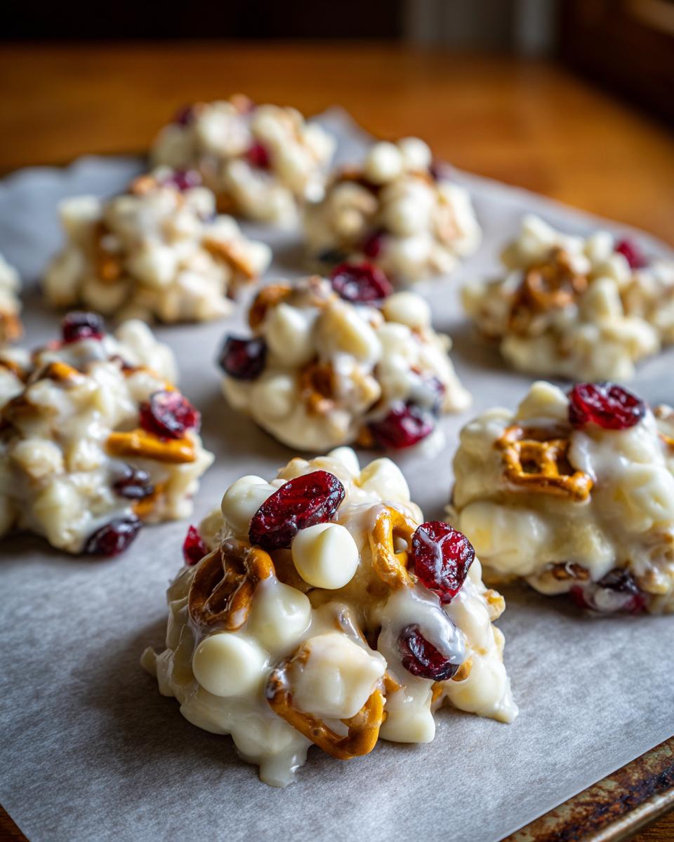Close-up of white chocolate cookie clusters with pretzels and dried cranberries on parchment paper.
