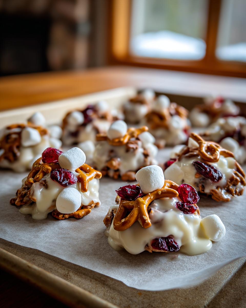 Close-up of white chocolate cookie clusters with marshmallows, pretzels, and dried cranberries on parchment paper.