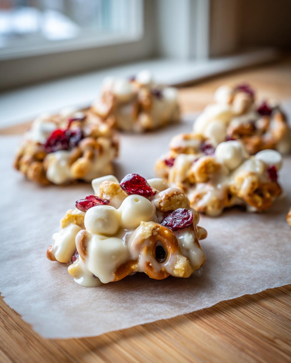 Close-up of white chocolate cookie clusters with pretzels and dried cranberries on parchment paper.