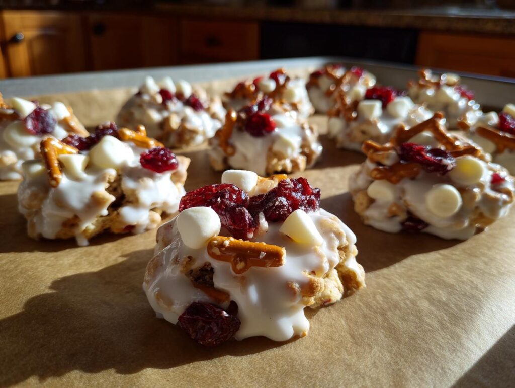 Close-up of white chocolate cookie clusters topped with pretzels, dried cranberries, and white chocolate chips.