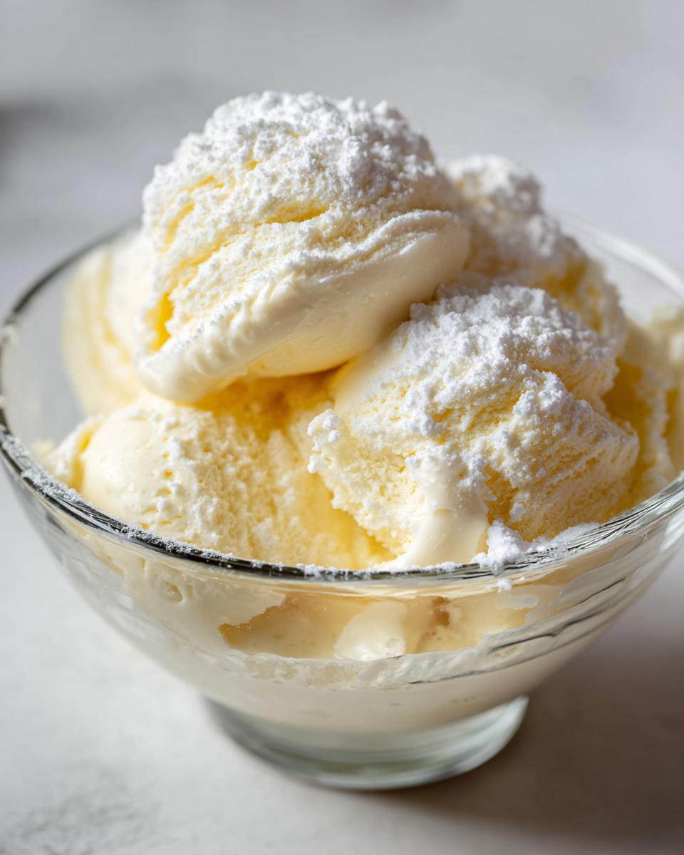 Close-up of white chocolate ice cream scoops topped with powdered sugar in a glass bowl.