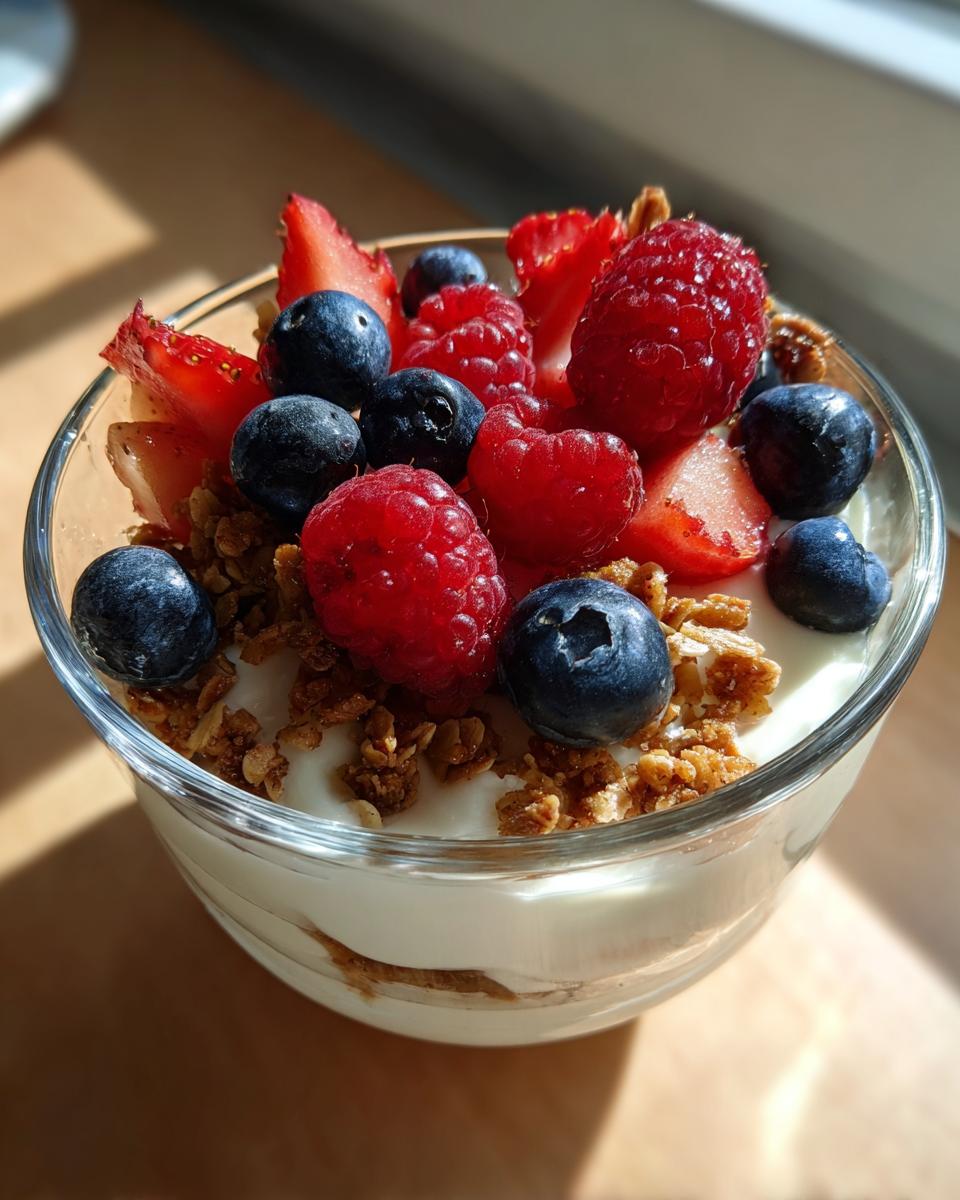 Glass cup with yogurt parfait topped with fresh raspberries, blueberries, strawberries, and granola, an easy kid snacks option