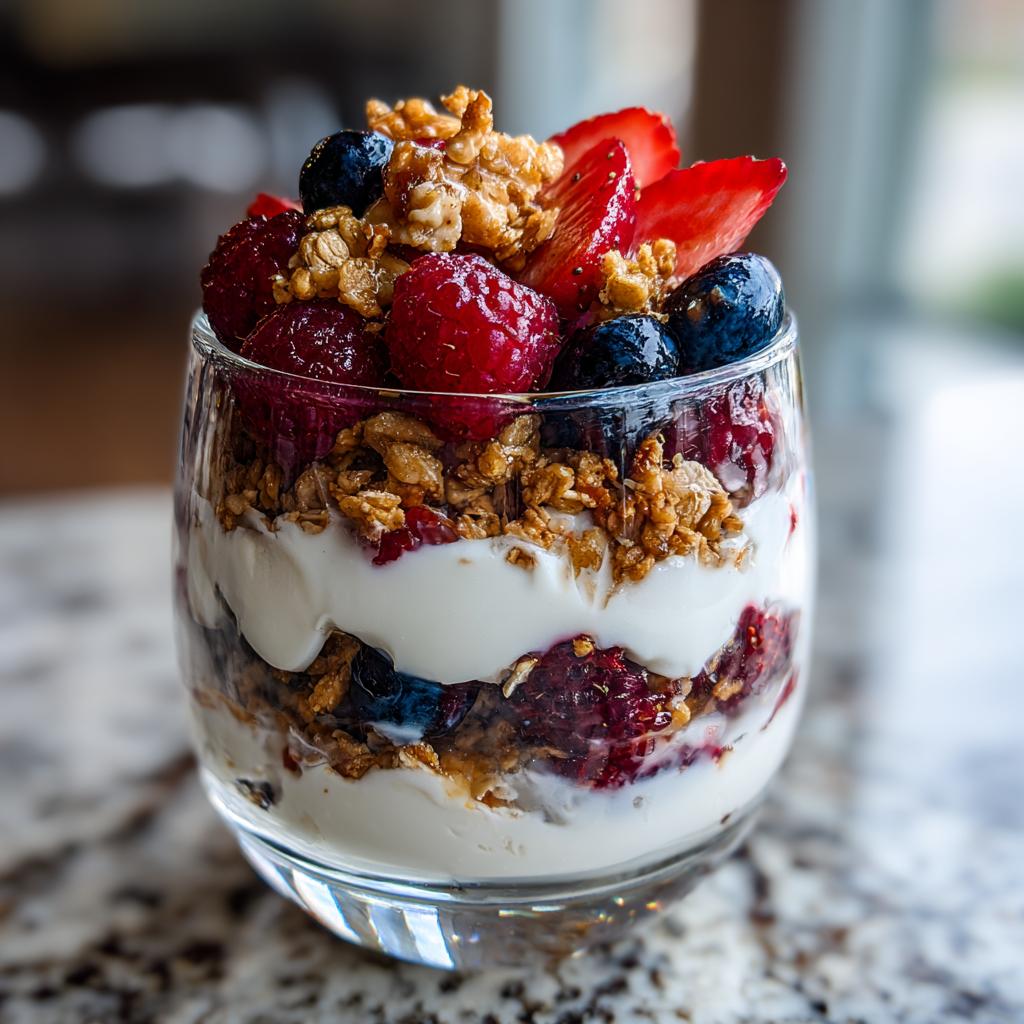 Glass of yogurt parfait layered with granola, strawberries, raspberries, and blueberries, an easy kid snacks option.