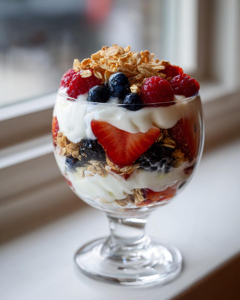 Glass filled with layers of yogurt, strawberries, blueberries, raspberries, and granola easy kid snacks