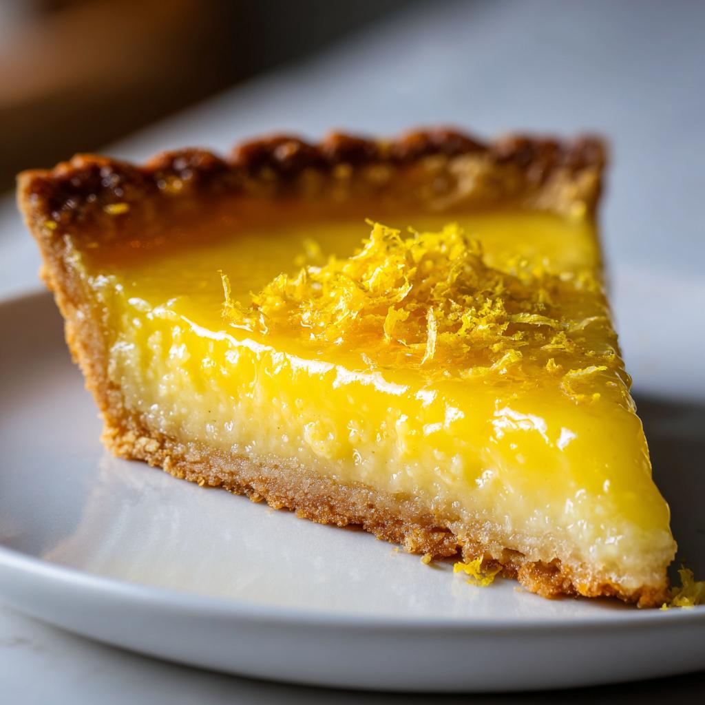 Close-up of a slice of lemon tart with zesty lemon topping and crust on a white plate
