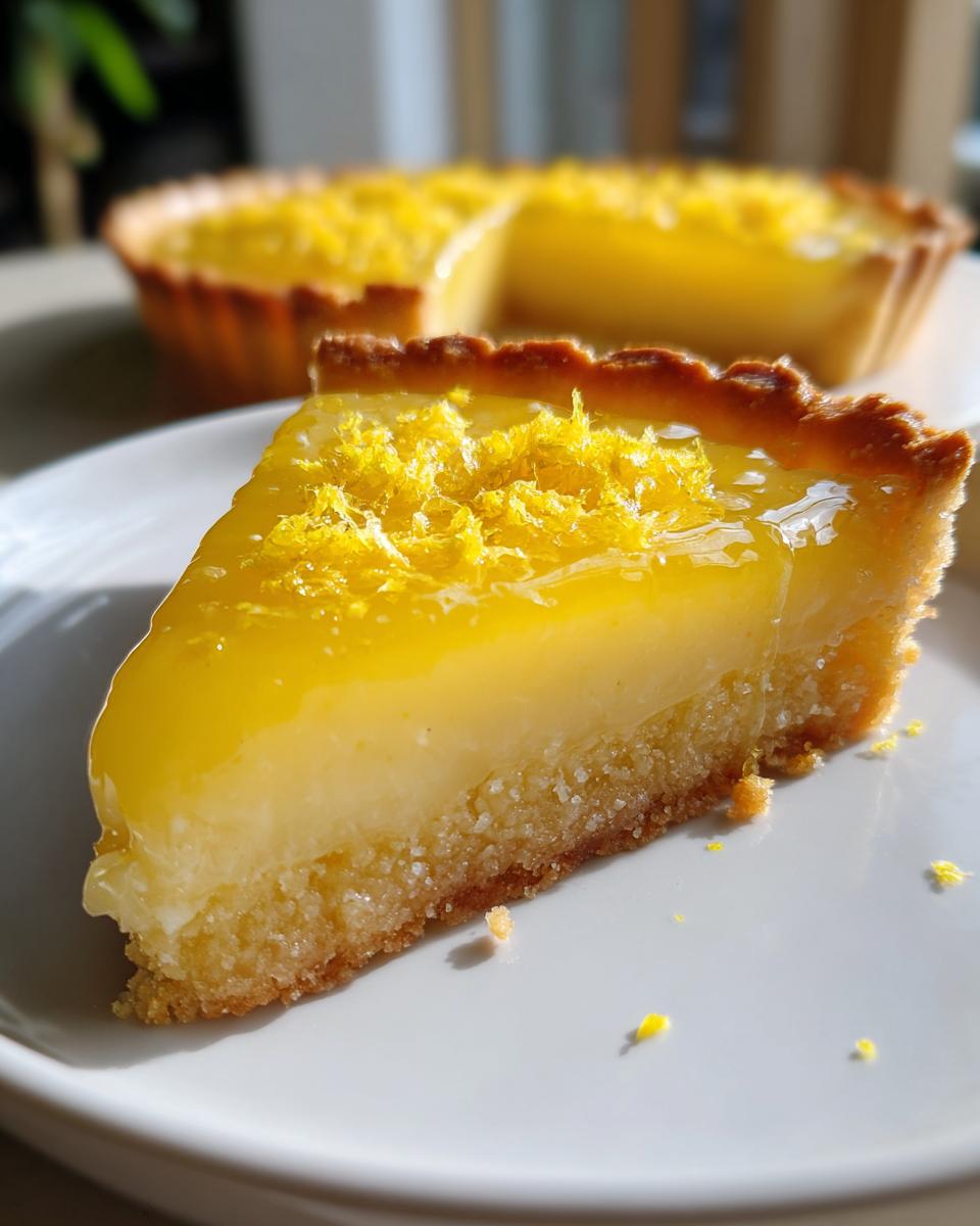 Close-up of a slice of lemon tart with a crumbly crust and lemon zest on top.