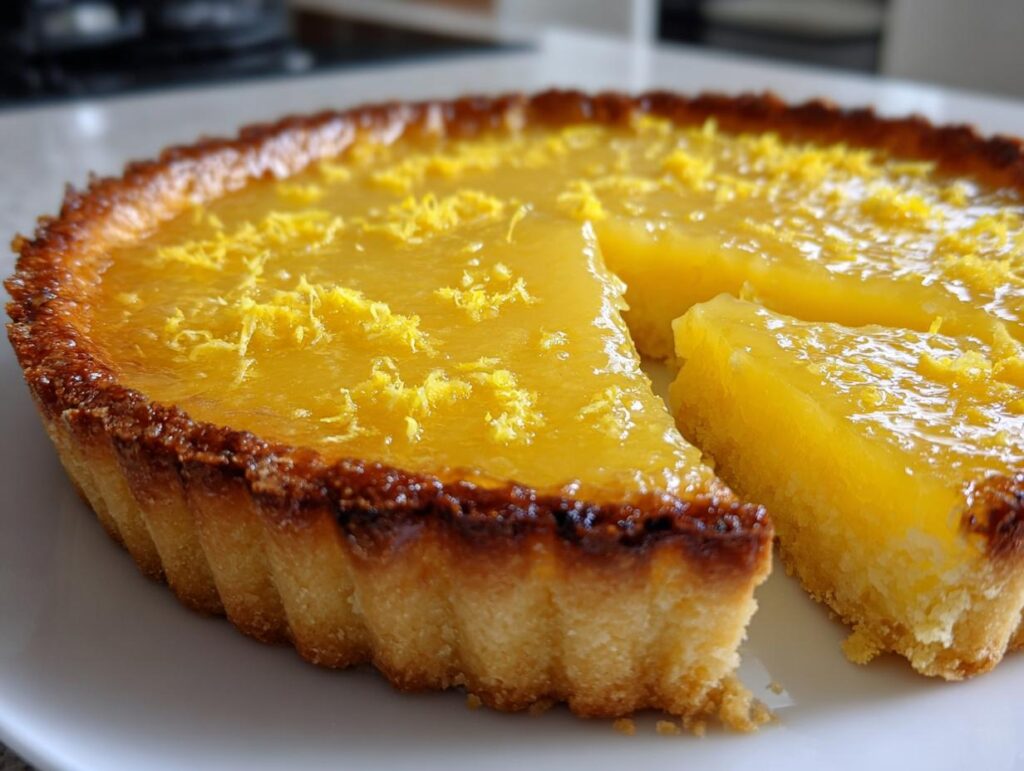 Close-up of a zesty lemon tart with a slice removed, showcasing bright yellow filling and golden crust.