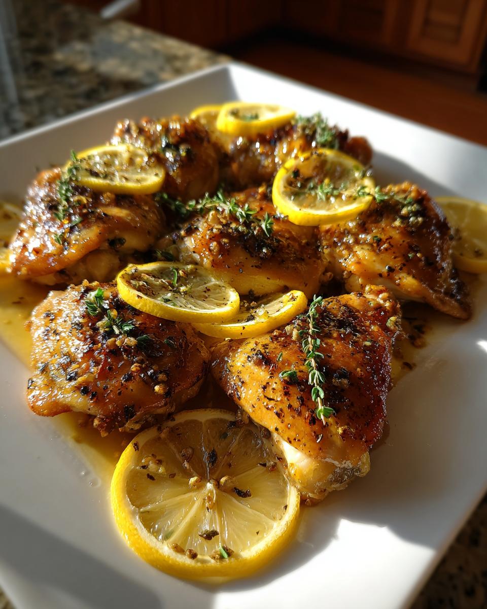 Golden spring lemon chicken pieces garnished with lemon slices and fresh herbs on a white plate.