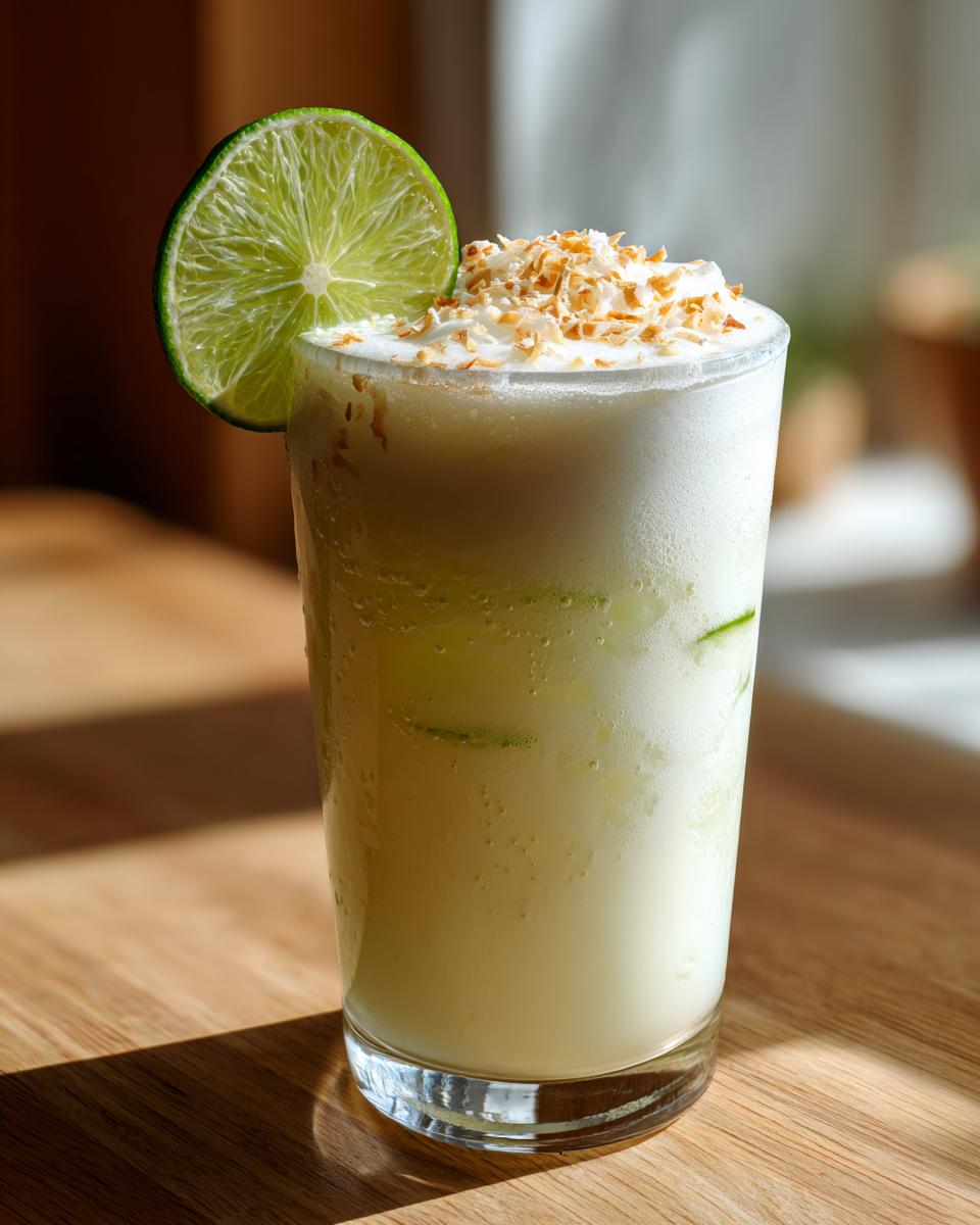 Glass of creamy coconut lime refresher topped with whipped cream and toasted coconut flakes