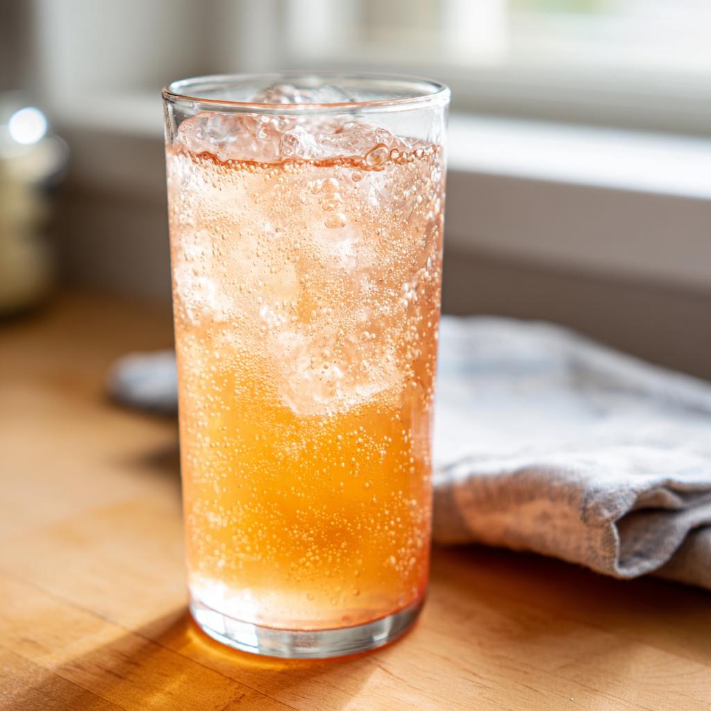 Tall glass of easy peach lemonade filled with ice and bubbles on wooden table