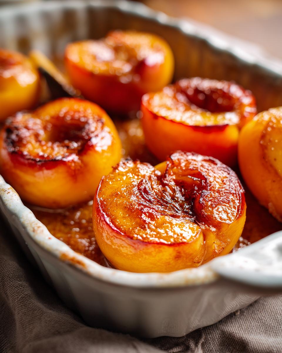 Close-up of juicy oven baked peaches caramelized in a baking dish.