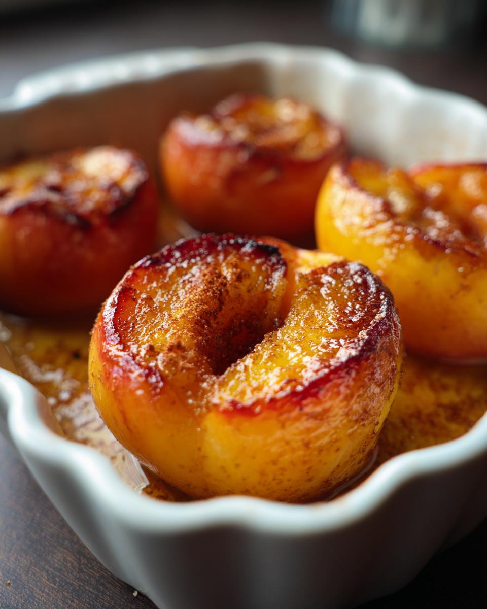 Golden brown oven baked peaches with caramelized edges in a white baking dish.