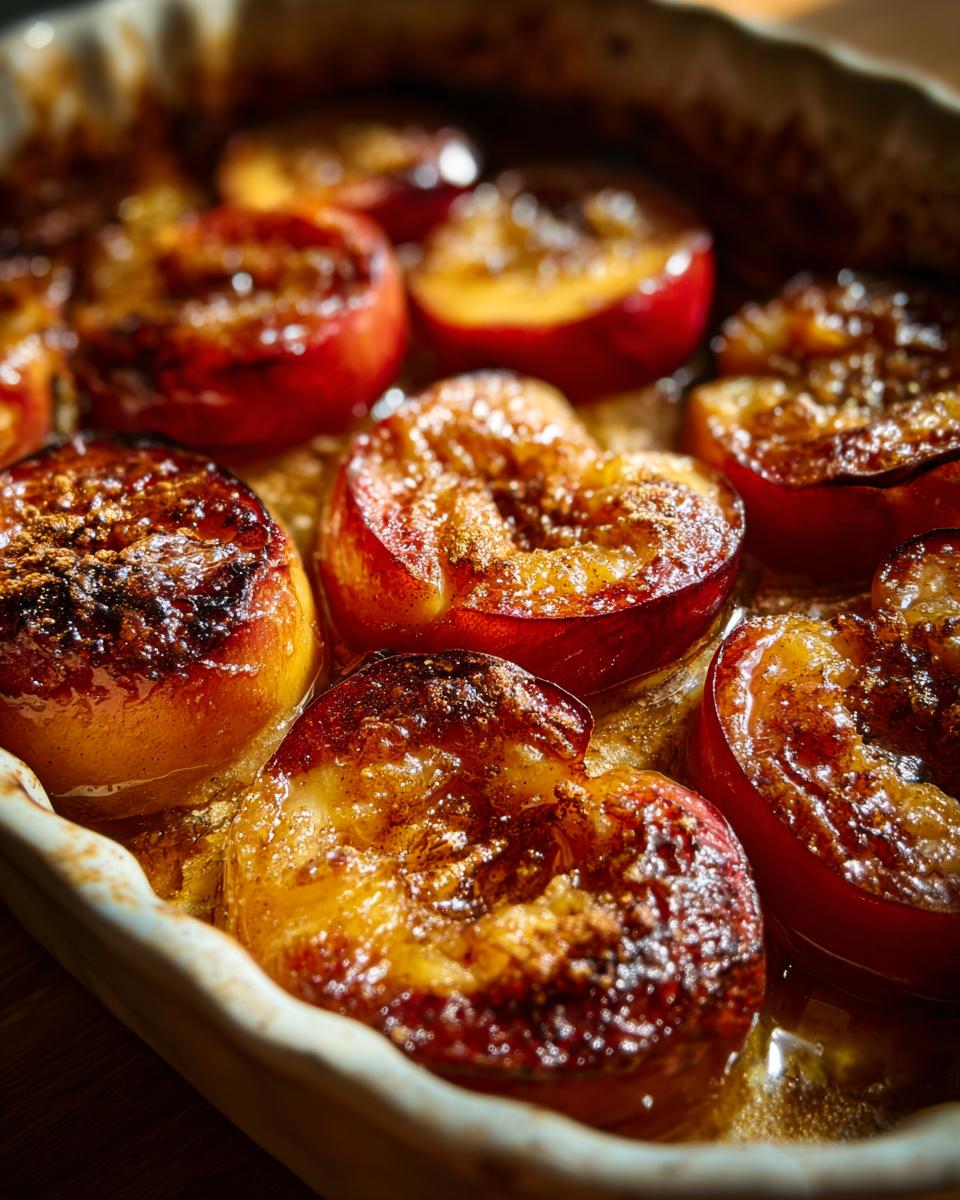 Juicy oven baked peaches halved and caramelized in a ceramic baking dish.