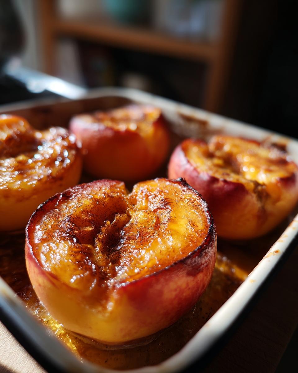 Juicy oven baked peaches halved and caramelized in a baking dish.