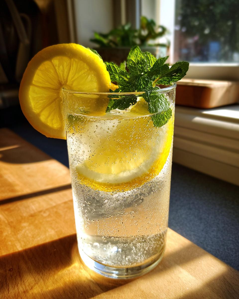 Glass of sparkling summer drink recipes with lemon slices and fresh mint leaves