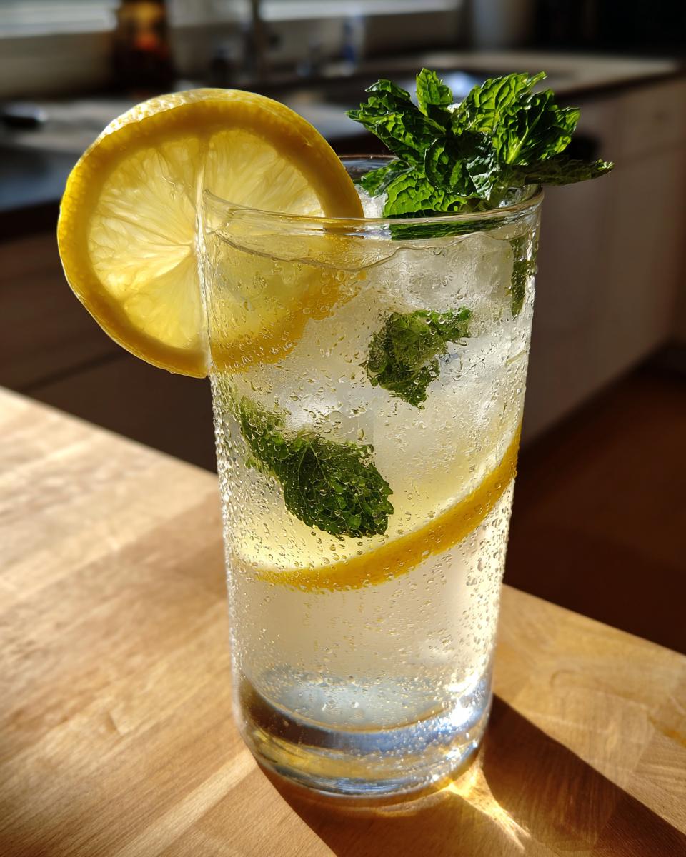 Glass of sparkling summer drink with lemon slices and fresh mint leaves