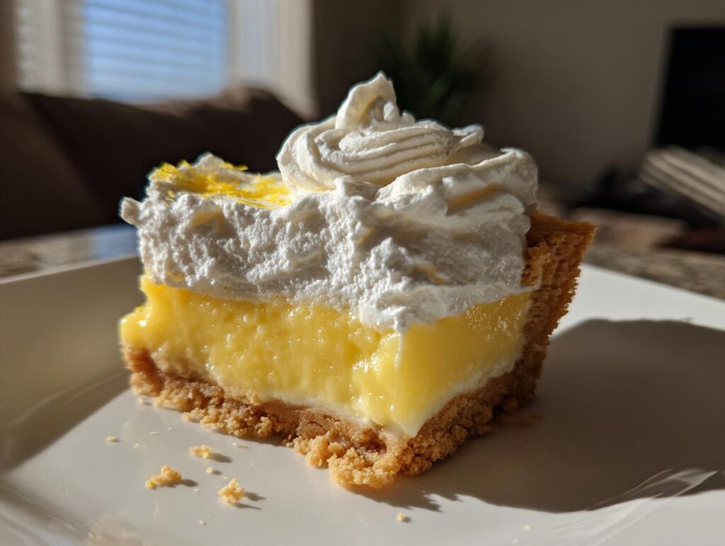 Close-up of a lemon oreo dessert slice with creamy lemon filling and whipped topping on a plate.