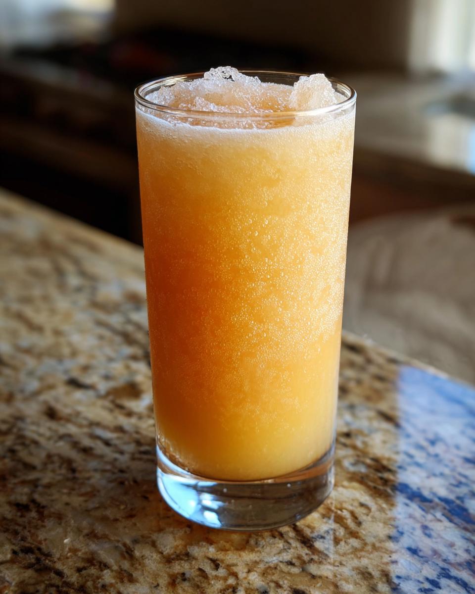 Close-up of a peach lemonade slush in a clear glass on a granite countertop.