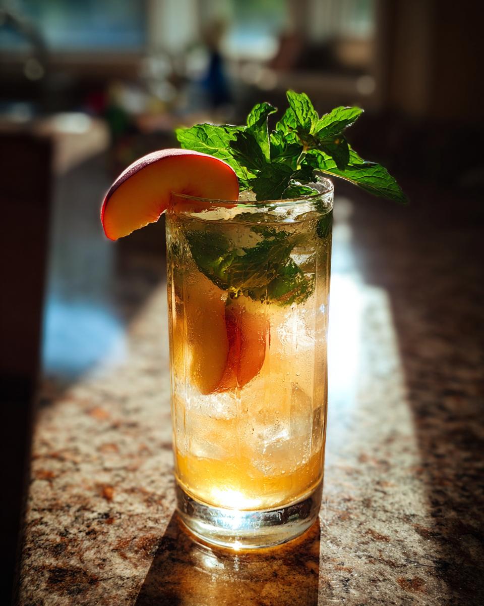 Glass of peach mint lemonade with ice, peach slice, and fresh mint leaves on a granite surface.