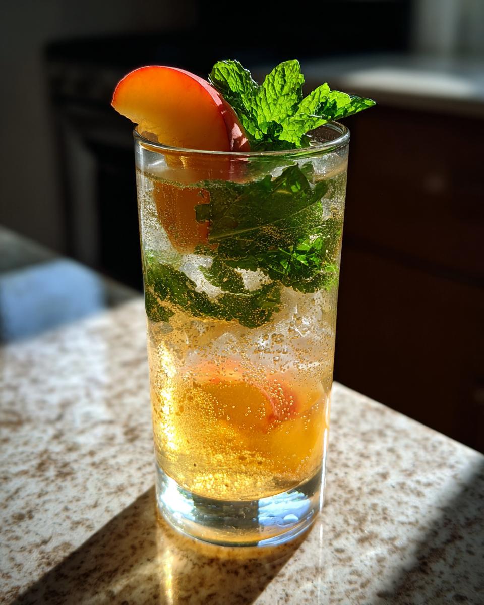 Glass of peach mint lemonade with fresh peach slice and mint leaves on countertop